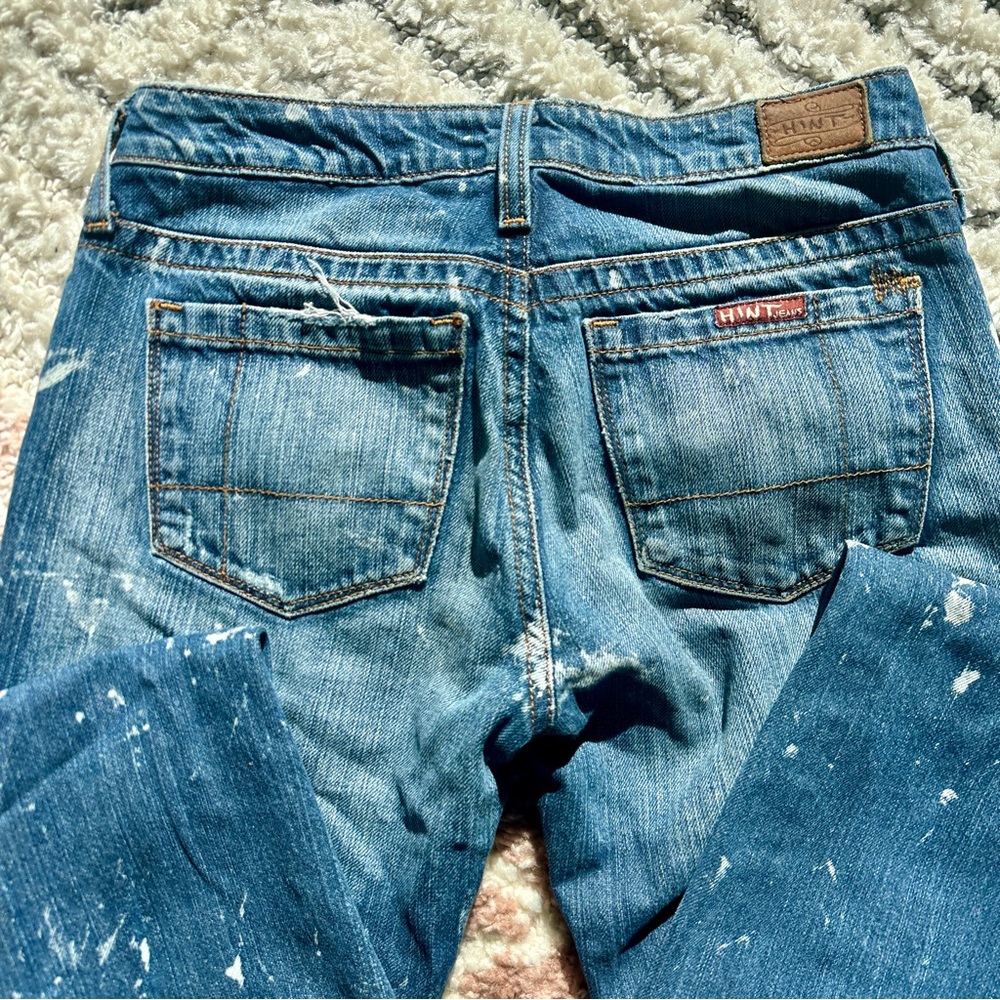 💿 Y2K Low Rise Flare Wide Hint Jeans – Distressed Grunge Paint Splatter Denim - Picture 3 of 8